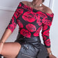 Floral Print Off Shoulder Long Sleeve Shirt Casual Slim Fit Blouse Top