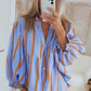 Sky Blue Stripe Crinckled Ruffled Sleeve Button up Loose Shirt