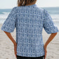 Blue Floral Striped Print Contrast Ric-rac Puff Sleeve Top