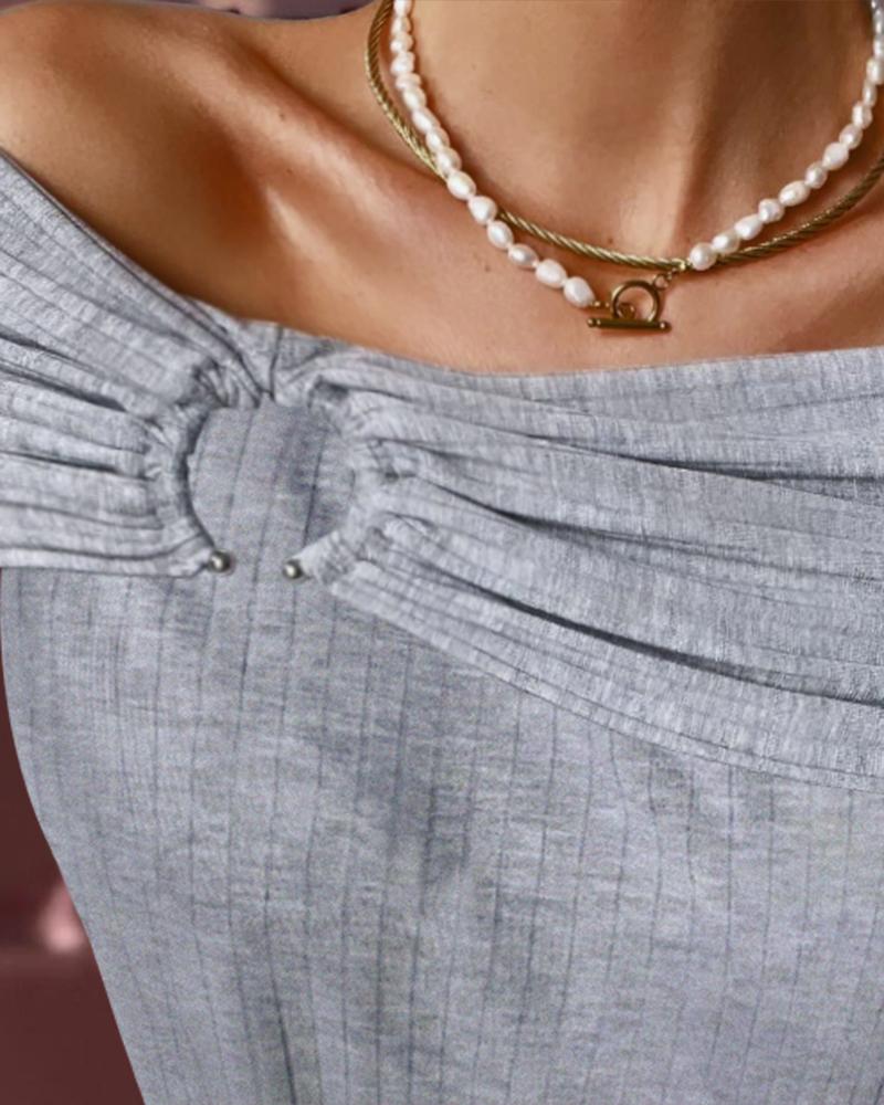 Ruched O ring Long Sleeve Off Shoulder Ribbed Top