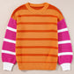 Orange Stripe Colorblock Crew Neck Drop Shoulder Loose Sweater
