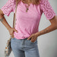 Pink Eyelet Embroidery Scalloped Sleeve Round Neck T Shirt