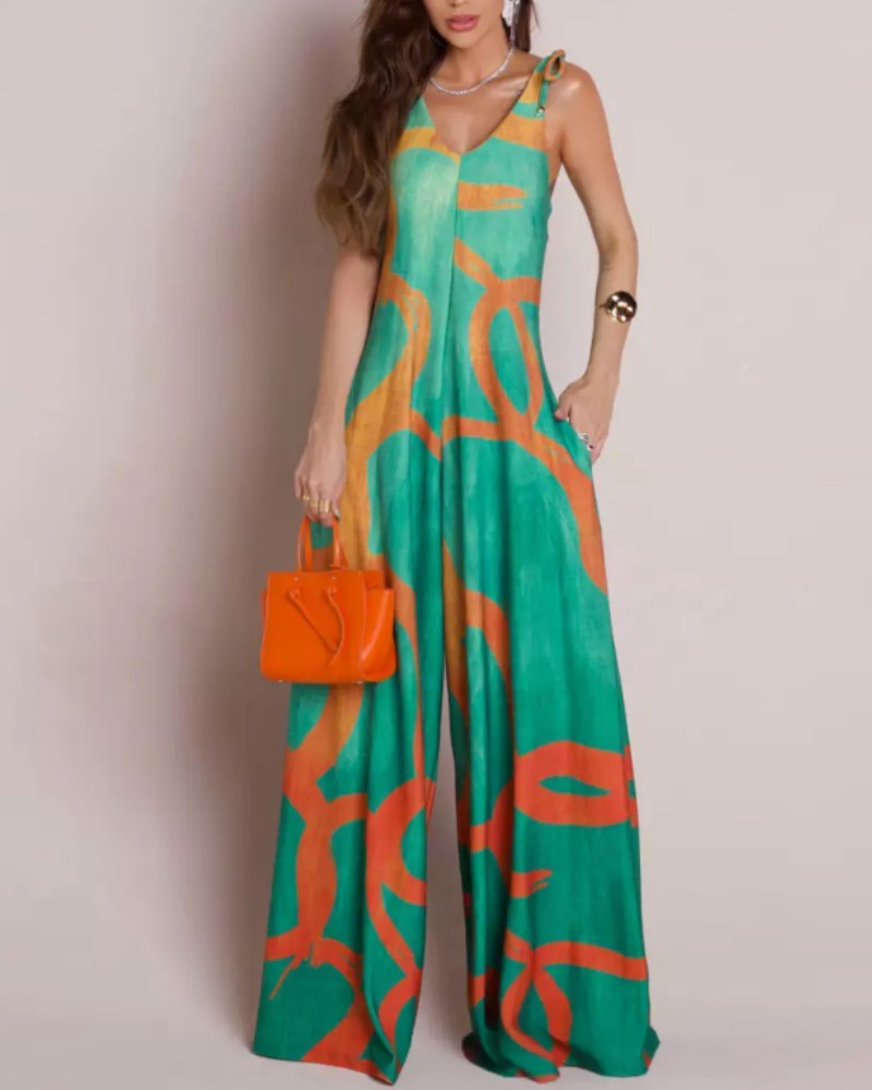 Floral Print V Neck Shoulder Lace Up Jumpsuit Casual Pocket Design Zipper Wude Leg Romper