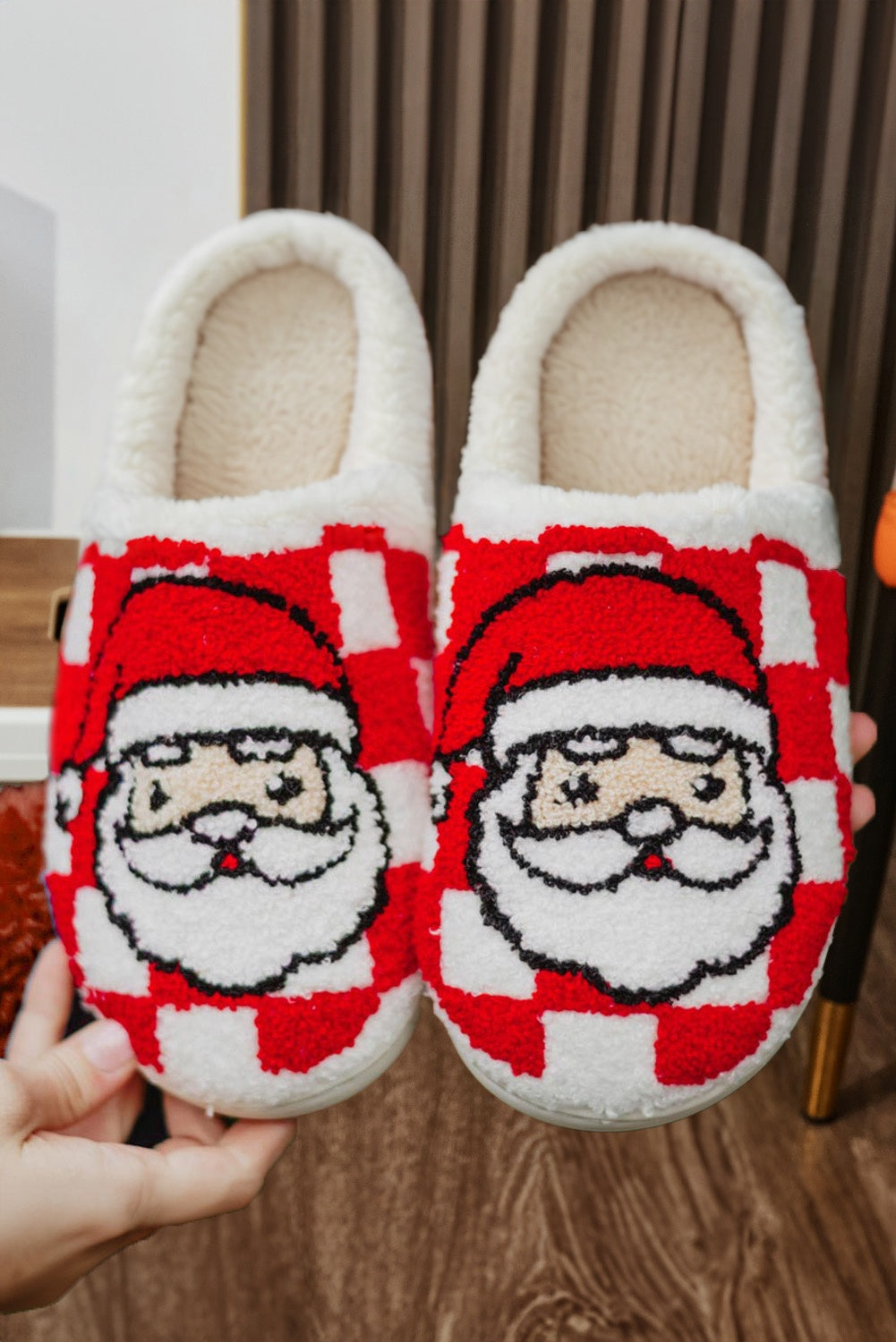 Fiery Red Checkered Santa Claus Graphic Plush Home Slippers