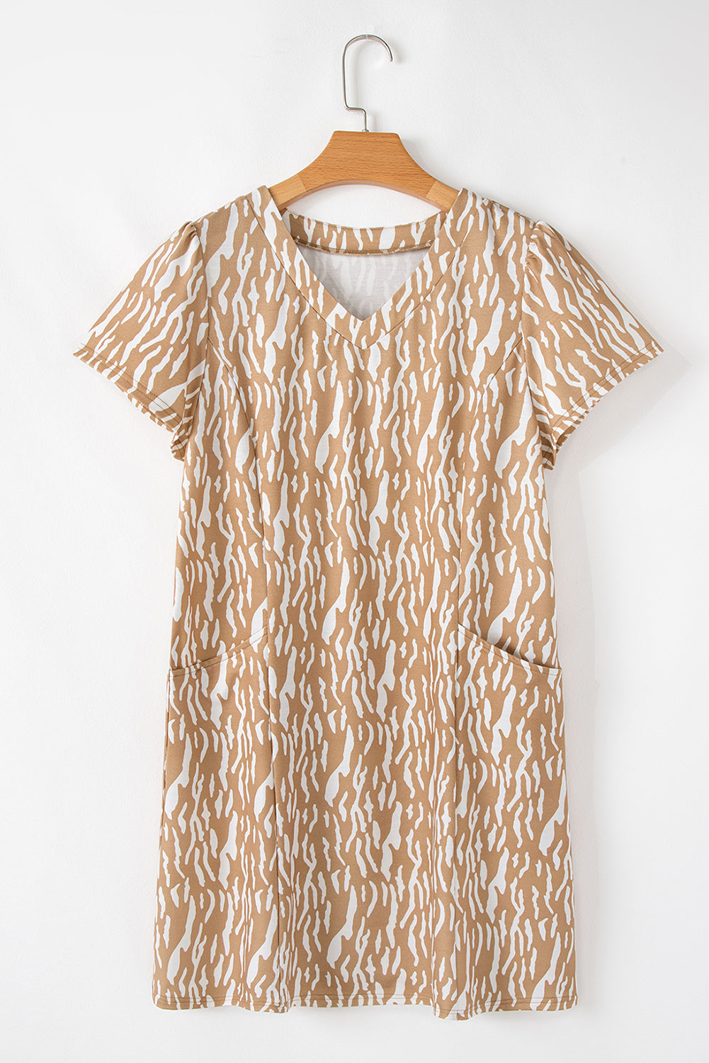 Khaki Abstract Print V Neck Short Sleeve Shift T Shirt Dress