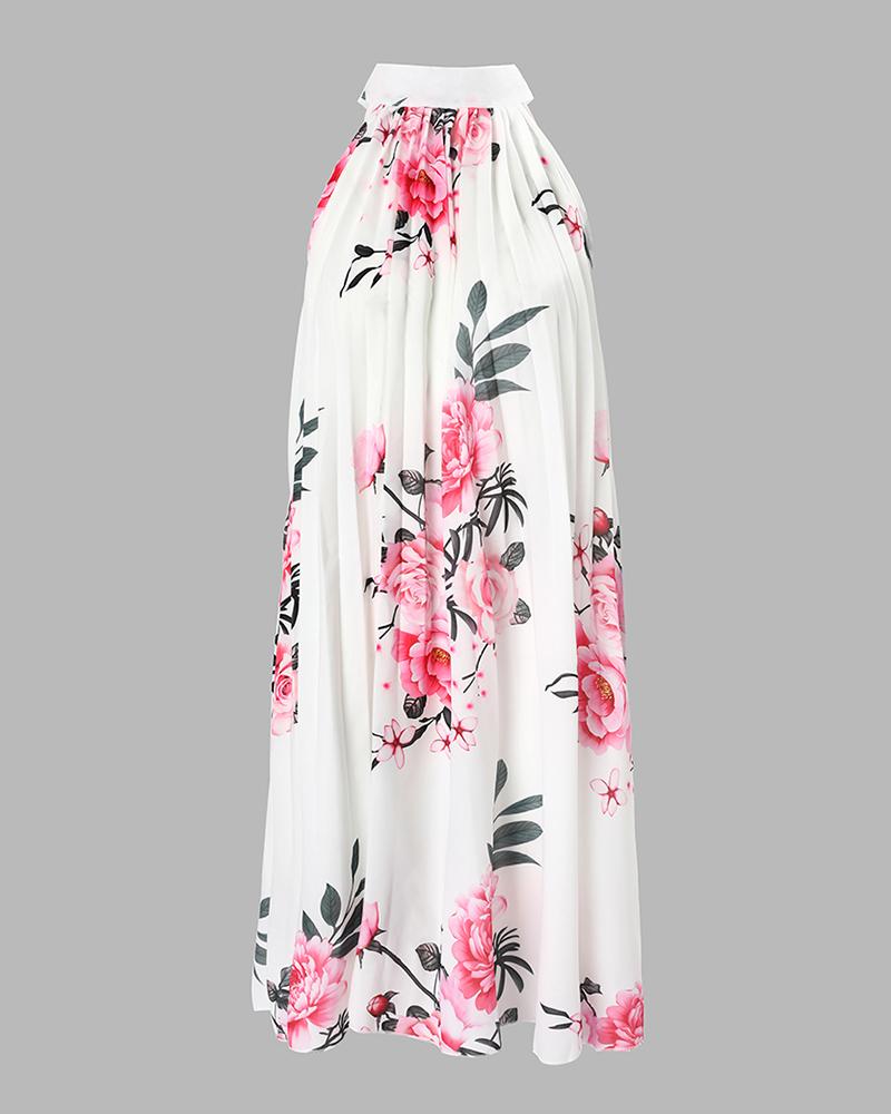 Floral Print Halter Casual Pleated Dress