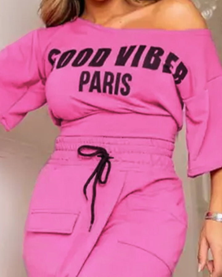 Good Viber Paris Print Skew Neck Top & Slit Skirt Set