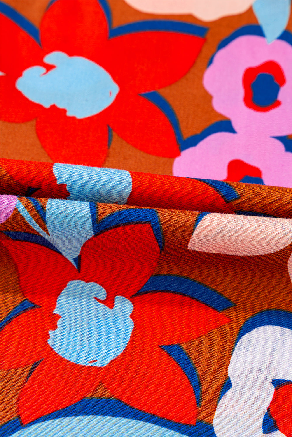 Brown Flower Print Self Tie Frilled Collar Puff Sleeve Blouse