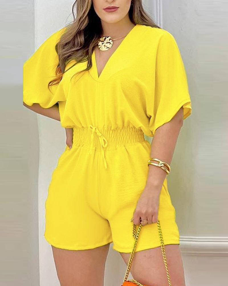 Cold Shoulder Drawstring Shirred Romper