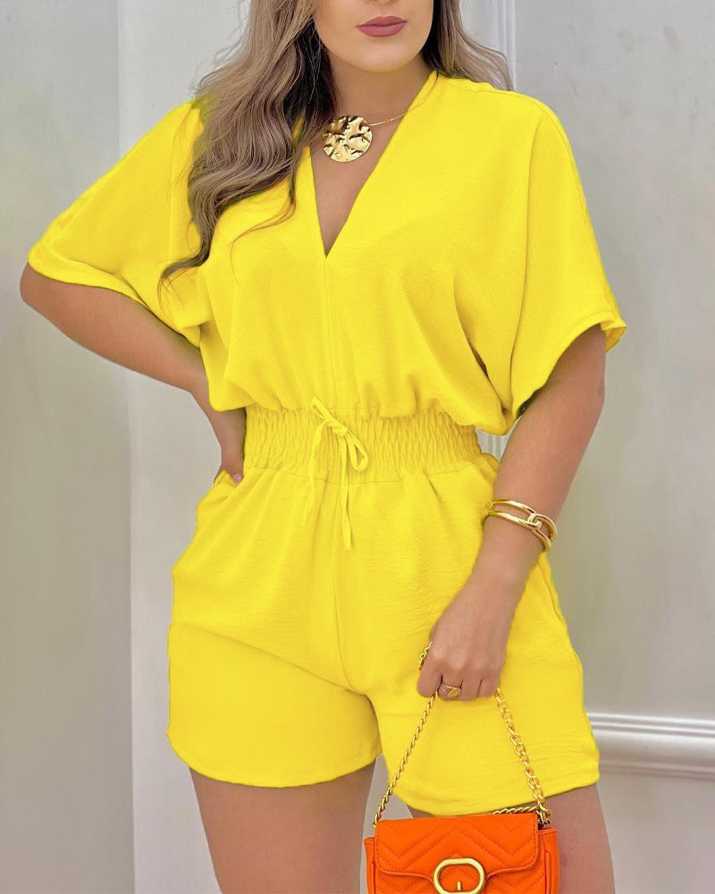 Cold Shoulder Drawstring Shirred Romper