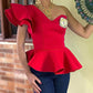 Skew Neck Slim Fit Ruffles Design Flutter Sleeve Blouse Elegant Top