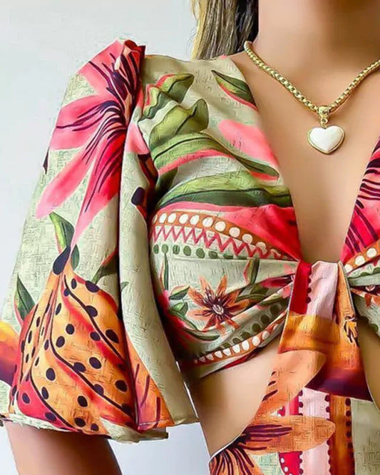 Tropical Print Plung V Neck Bell Sleeve Mini Dress Casual Hollow Out Tied Detail Dress