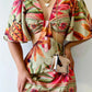 Tropical Print Plung V Neck Bell Sleeve Mini Dress Casual Hollow Out Tied Detail Dress