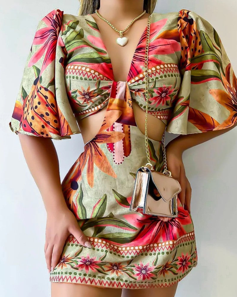 Tropical Print Plung V Neck Bell Sleeve Mini Dress Casual Hollow Out Tied Detail Dress