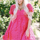Strawberry Pink Checkered Puff Sleeve Babydoll Dress