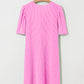 Bright Pink Corded Knit Crew Neck Puff Sleeve Shift Mini Dress