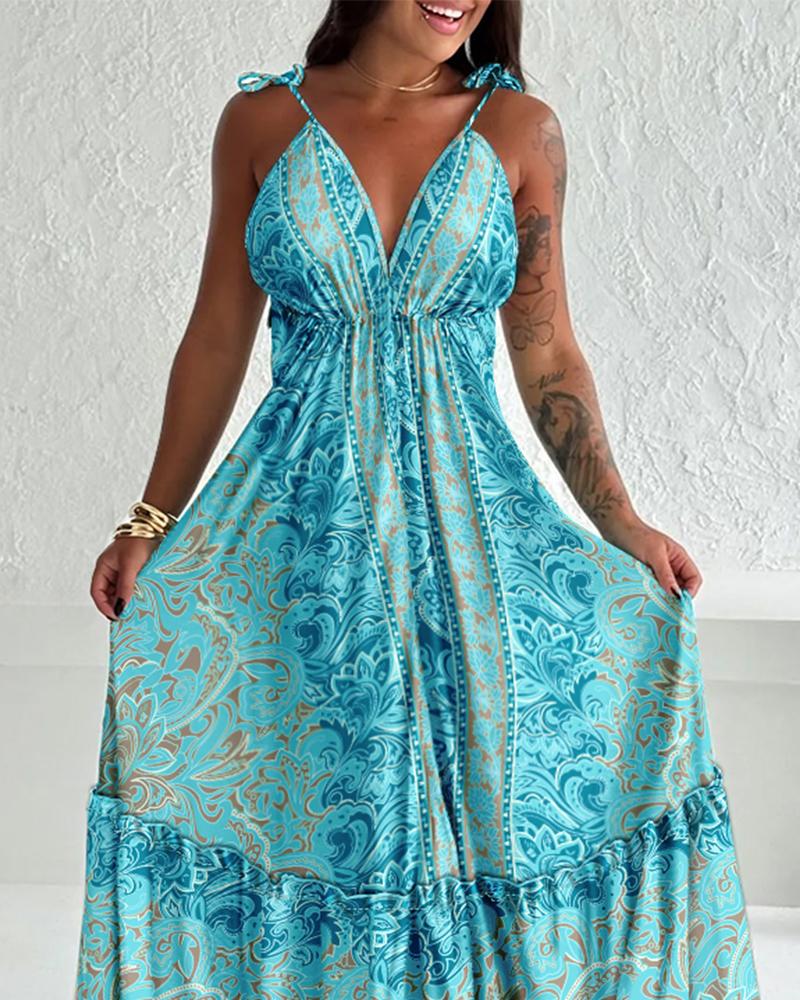 Floral Print V Neck Lace Up Spaghetti Strap Maxi Dress Casual A Line Smocked Dress