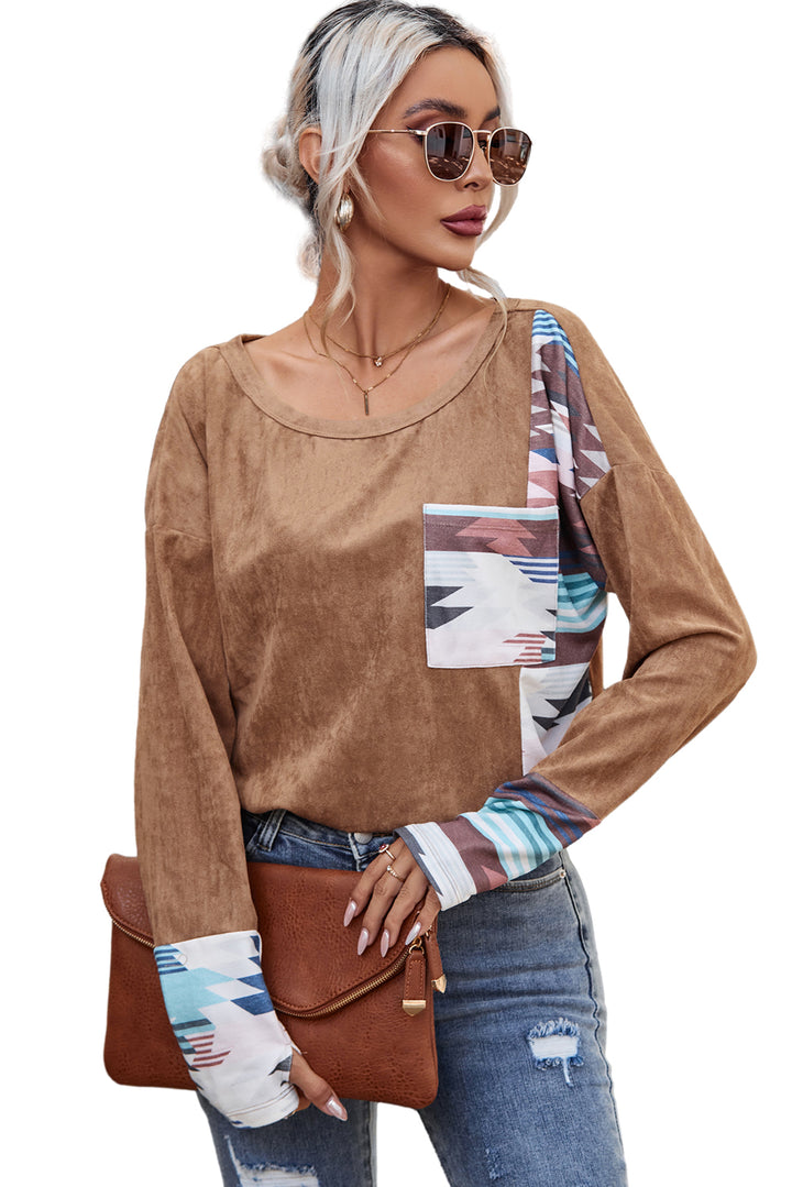 Brown Aztec Print Patchwork Chest Pocket Long Sleeve Top