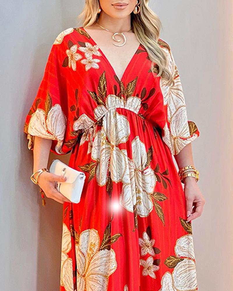 Floral Print Batwing Sleeve Deep V Tied Detail Cinch Waist Maxi Dress Vacation Dress