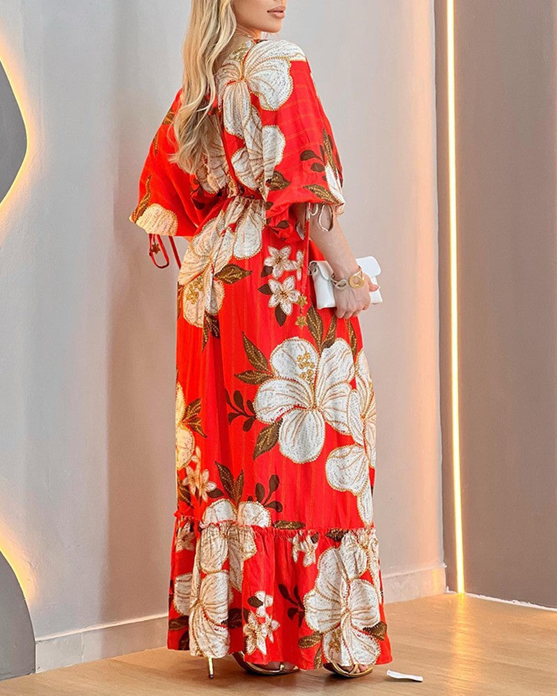 Floral Print Batwing Sleeve Deep V Tied Detail Cinch Waist Maxi Dress Vacation Dress