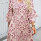Pink Paisley Print Tiered 3/4 Sleeve Notched Neck Mini Dress