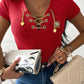 Chain Decor Lace Up V Neck Short Sleeve T Shirt Casual Rhinestone Patch Slim Fit Top
