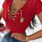 Chain Decor Lace Up V Neck Short Sleeve T Shirt Casual Rhinestone Patch Slim Fit Top