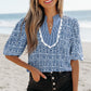Blue Floral Striped Print Contrast Ric-rac Puff Sleeve Top