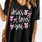 Gray Jesus Loves You Bow Knot Print V Neck Waffle Knit Loose T Shirt