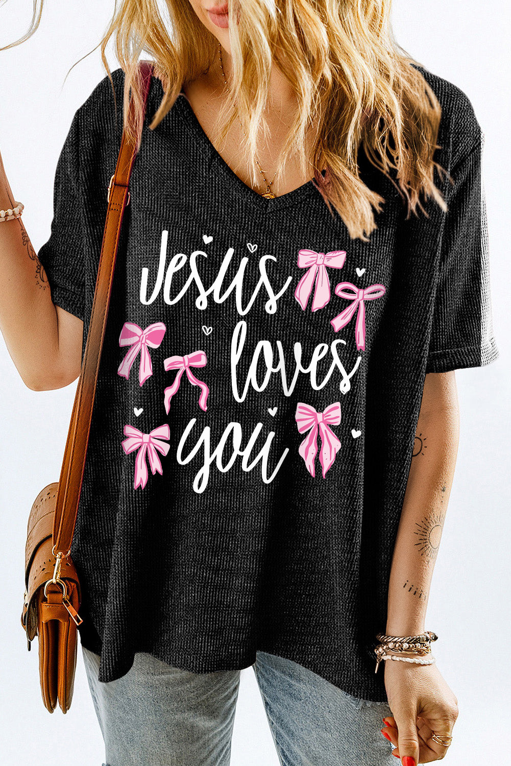 Gray Jesus Loves You Bow Knot Print V Neck Waffle Knit Loose T Shirt