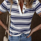 Dark Blue Stripe Collared Button V Neck Knitted T Shirt