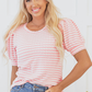 Pink Stripe Textured Puff Sleeve Crewneck Top