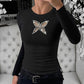 Rhinestone Decor Butterfly Hollow out Long Sleeve Top Slim Fit Ribbed Layering Top