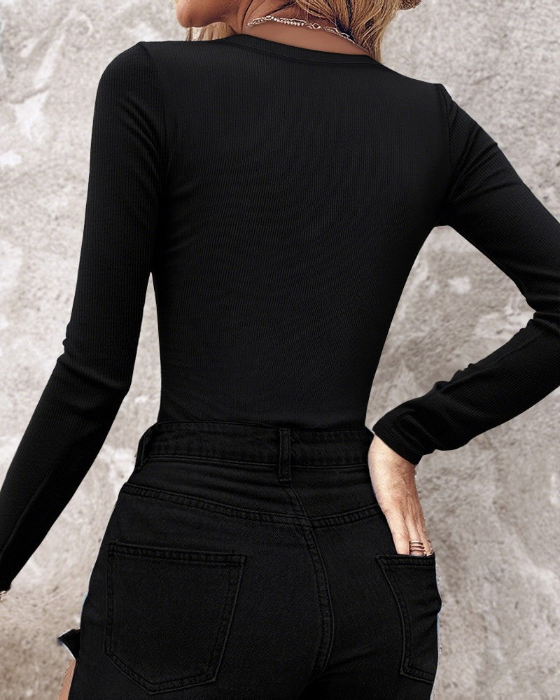 Rhinestone Decor Butterfly Hollow out Long Sleeve Top Slim Fit Ribbed Layering Top