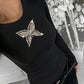 Rhinestone Decor Butterfly Hollow out Long Sleeve Top Slim Fit Ribbed Layering Top