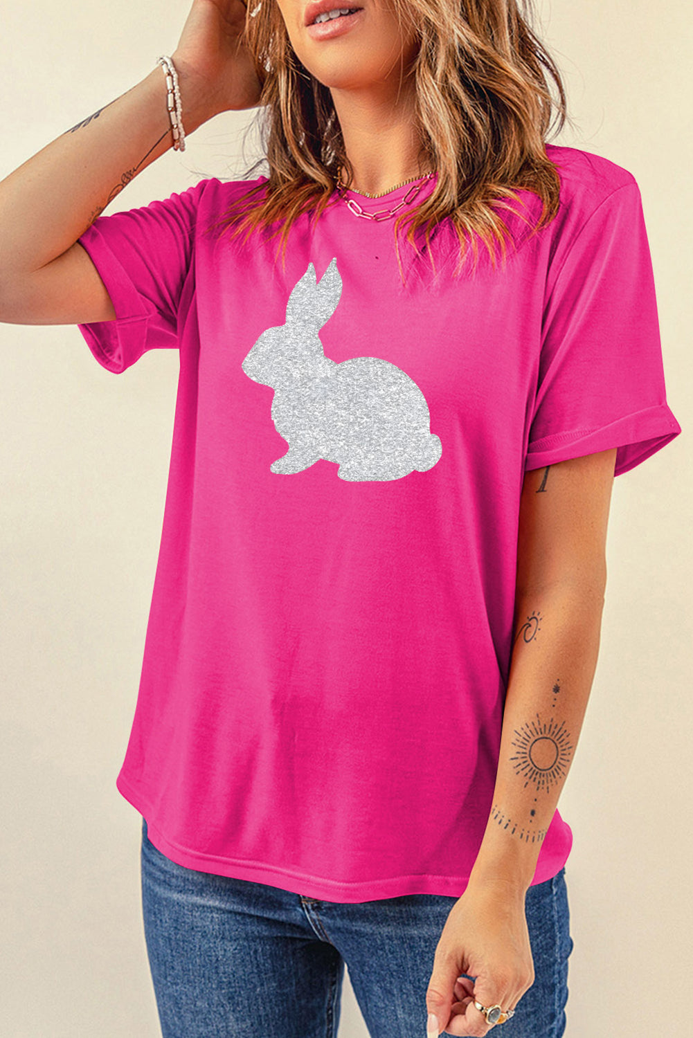 Rose Red Glitter Easter Bunny Graphic Crew Neck Tee