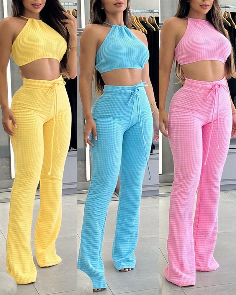 2 Pieces Outfit Striped Print Halter Tied Detail Sleeveless Knit Top and Casual Slim Fit Pants Set