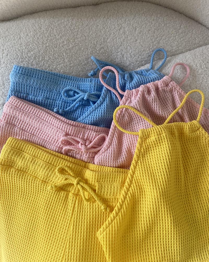 2 Pieces Outfit Striped Print Halter Tied Detail Sleeveless Knit Top and Casual Slim Fit Pants Set