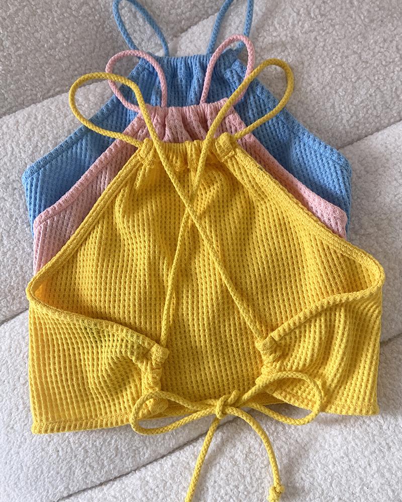 2 Pieces Outfit Striped Print Halter Tied Detail Sleeveless Knit Top and Casual Slim Fit Pants Set