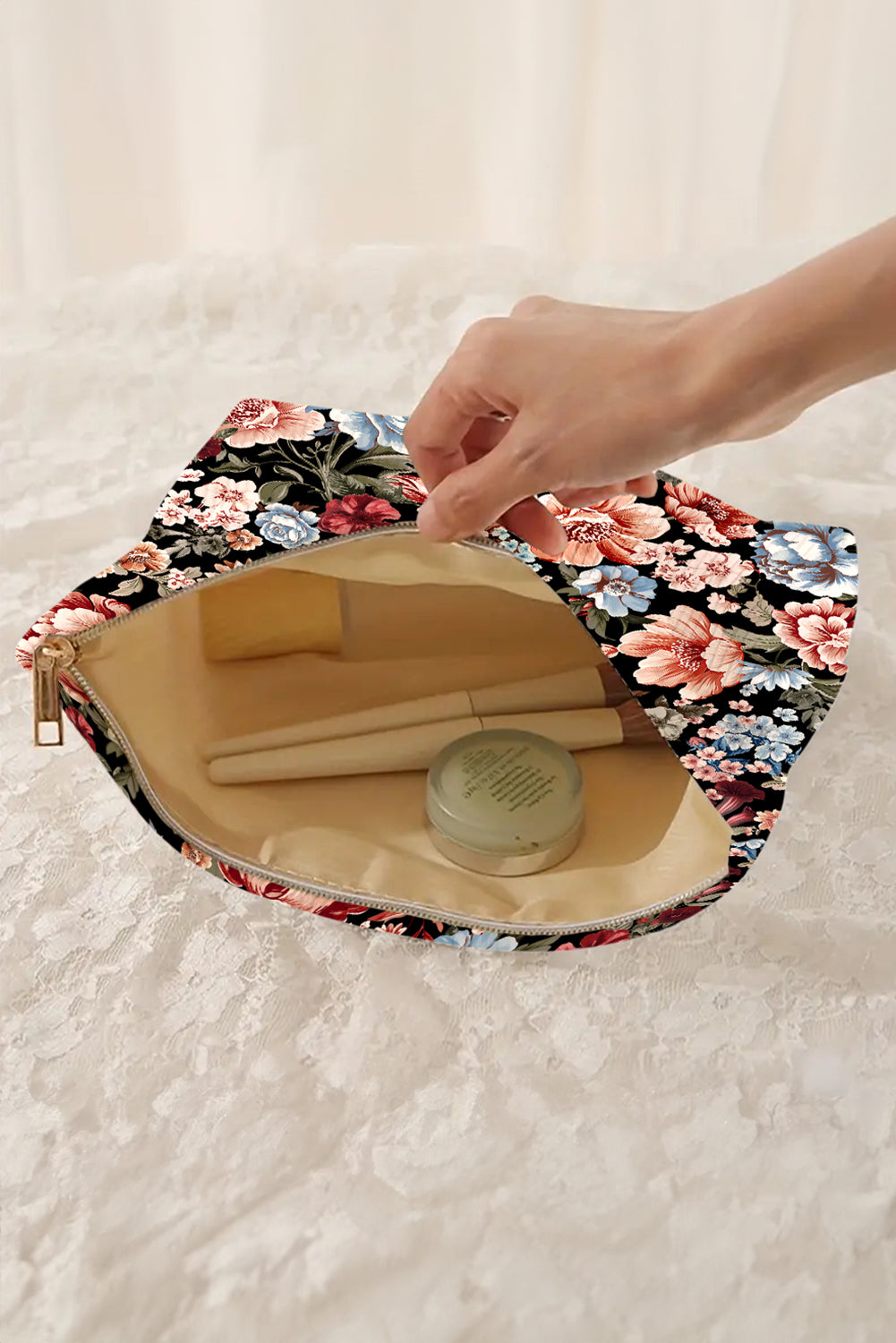 Black Flower Print Zipper Ribbed Corduroy Large Makeup Bag