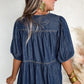 Sail Blue Puff Sleeve Lace-up Neckline Splicing Denim Blouse