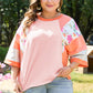 Orange Plus Size Floral Print Patchwork Raglan Half Sleeve Top