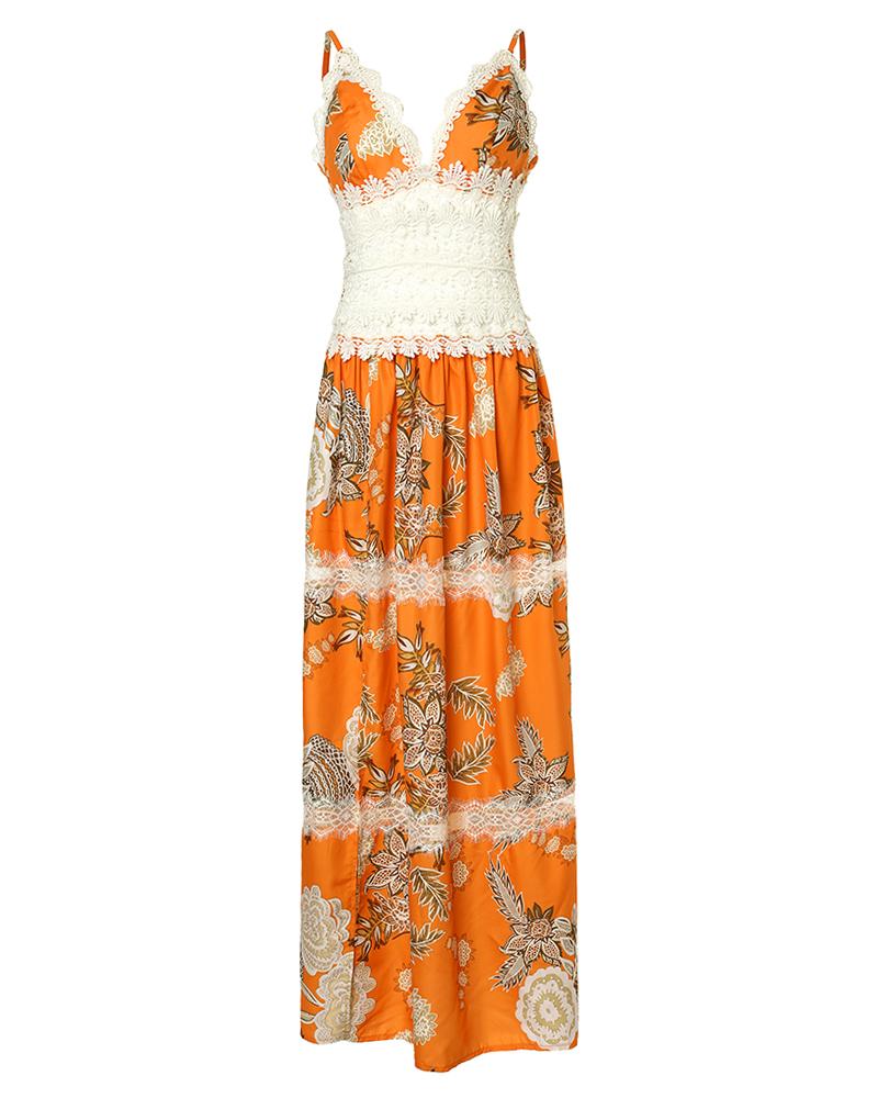 Floral Print Contrast Lace Split Hem Maxi Dress