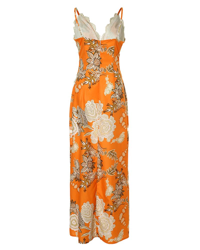Floral Print Contrast Lace Split Hem Maxi Dress