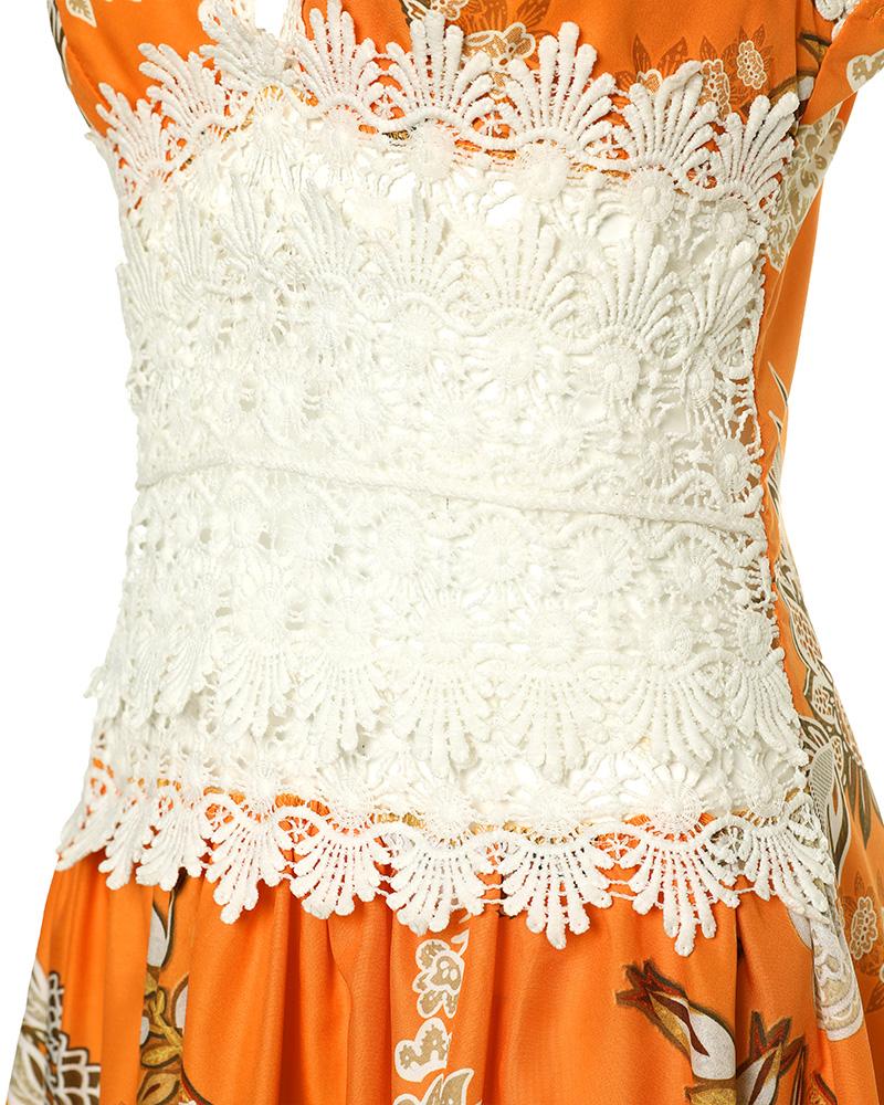 Floral Print Contrast Lace Split Hem Maxi Dress