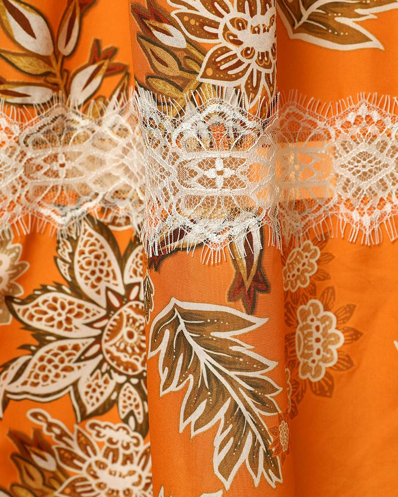 Floral Print Contrast Lace Split Hem Maxi Dress