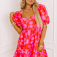 Red Floral Bubble Sleeve Sweetheart Neck Ruffled Mini Dress