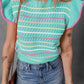 Green Colorful Striped Eyelet Knit Ruffled Sleeve Sweater T Shirt