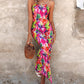 Abstract All Over Print Pleated Design Spaghetti Strap Maxi Dress