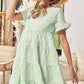 Green Stripe Textured Tiered Short Sleeve Loose Mini Dress